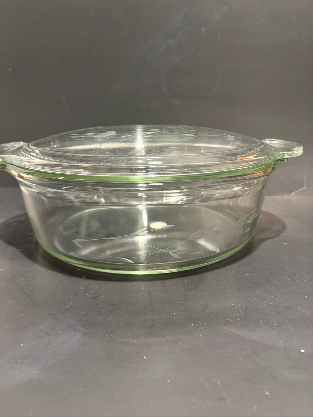 Princess House Glass Casserole with Light Green Trim and Etched Floral- Vintage